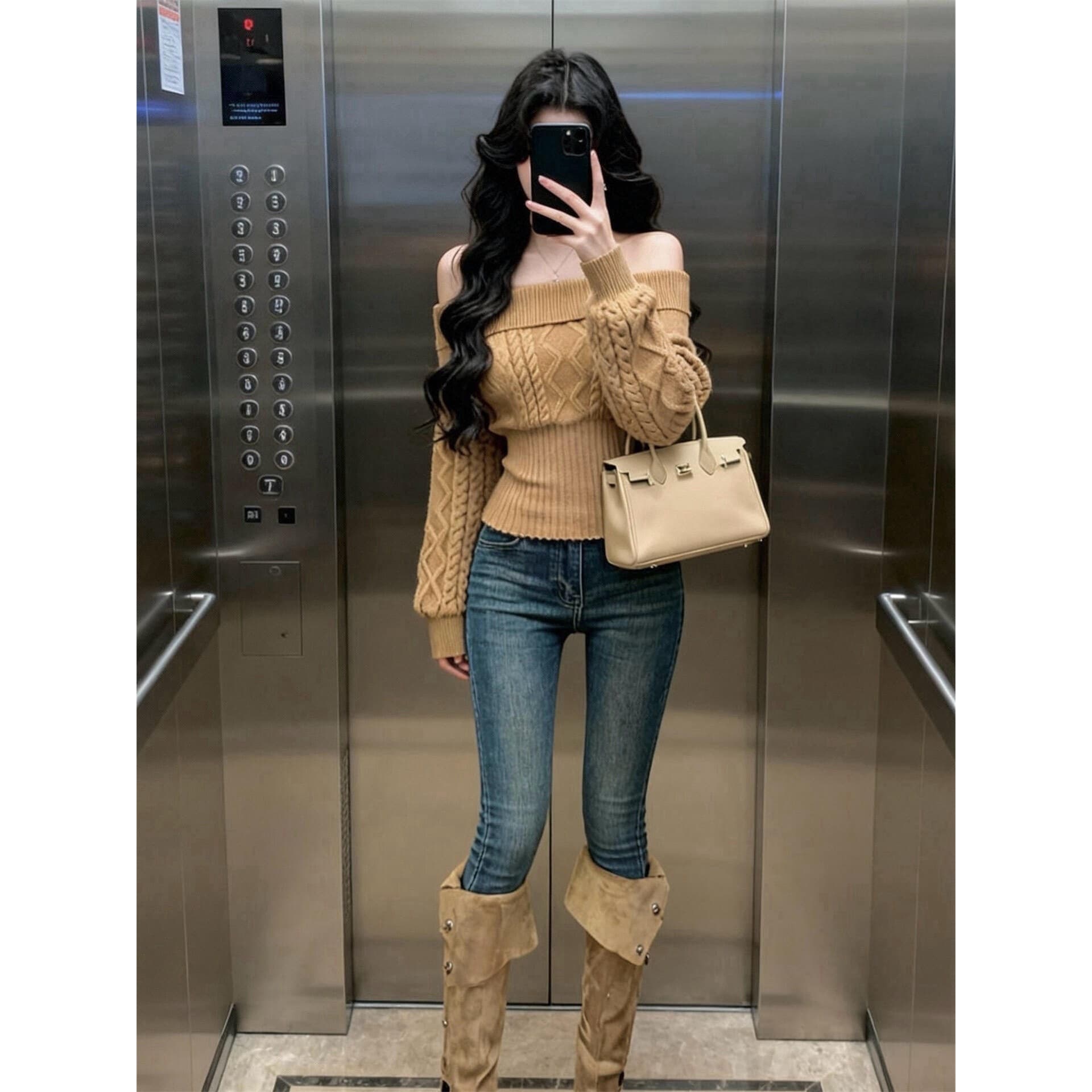 Actual Price [Original Quality Three-Ply Cashmere] Off-Shoulder Knit Sweater for Women Autumn/Winter Turtleneck Top