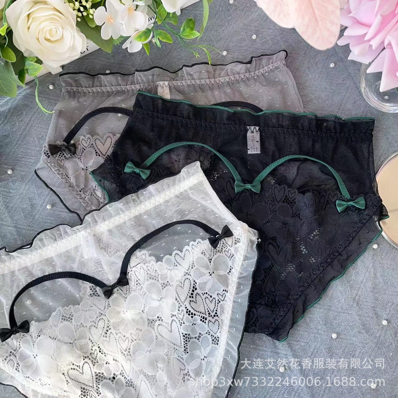 Manufacturer Wholesale Japanese Style Original Large Size Plus Size Sexy Hollow-Out Bow Tie Lace Mesh Heart-Shaped Women's Underwear
