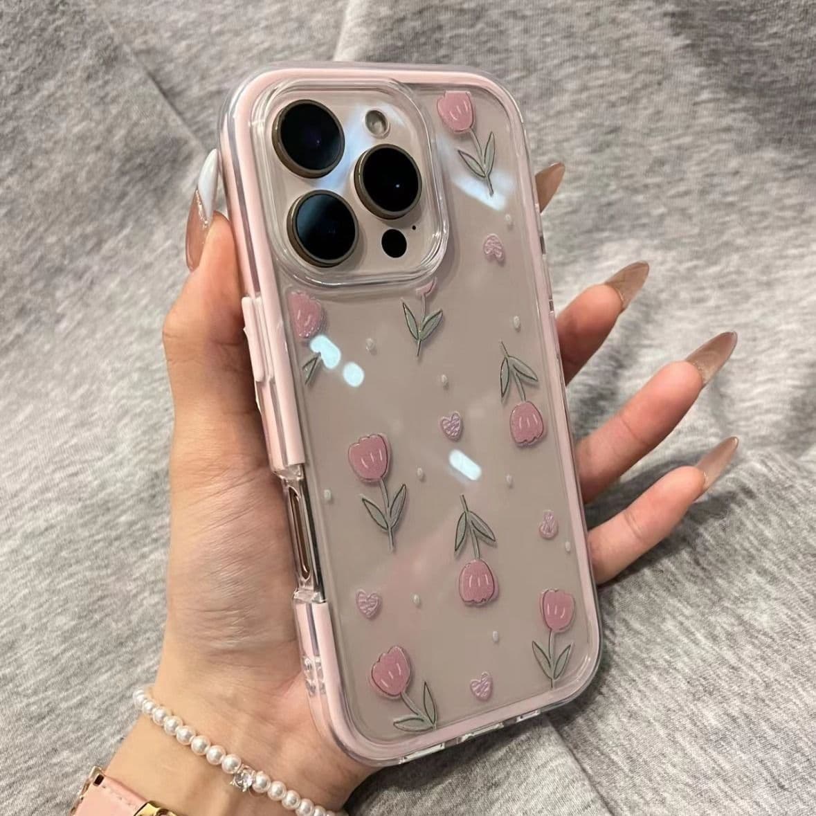Fresh Transparent Tulip 2-in-1 Phone Case Compatible with iPhone 16 Pro Max, iPhone 15 Pro, and iPhone 13 New Model
