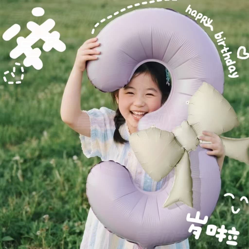 40-inch digital cream purple balloons with bows, birthday decoration for baby and kids' first birthday party scene setup, photo guide