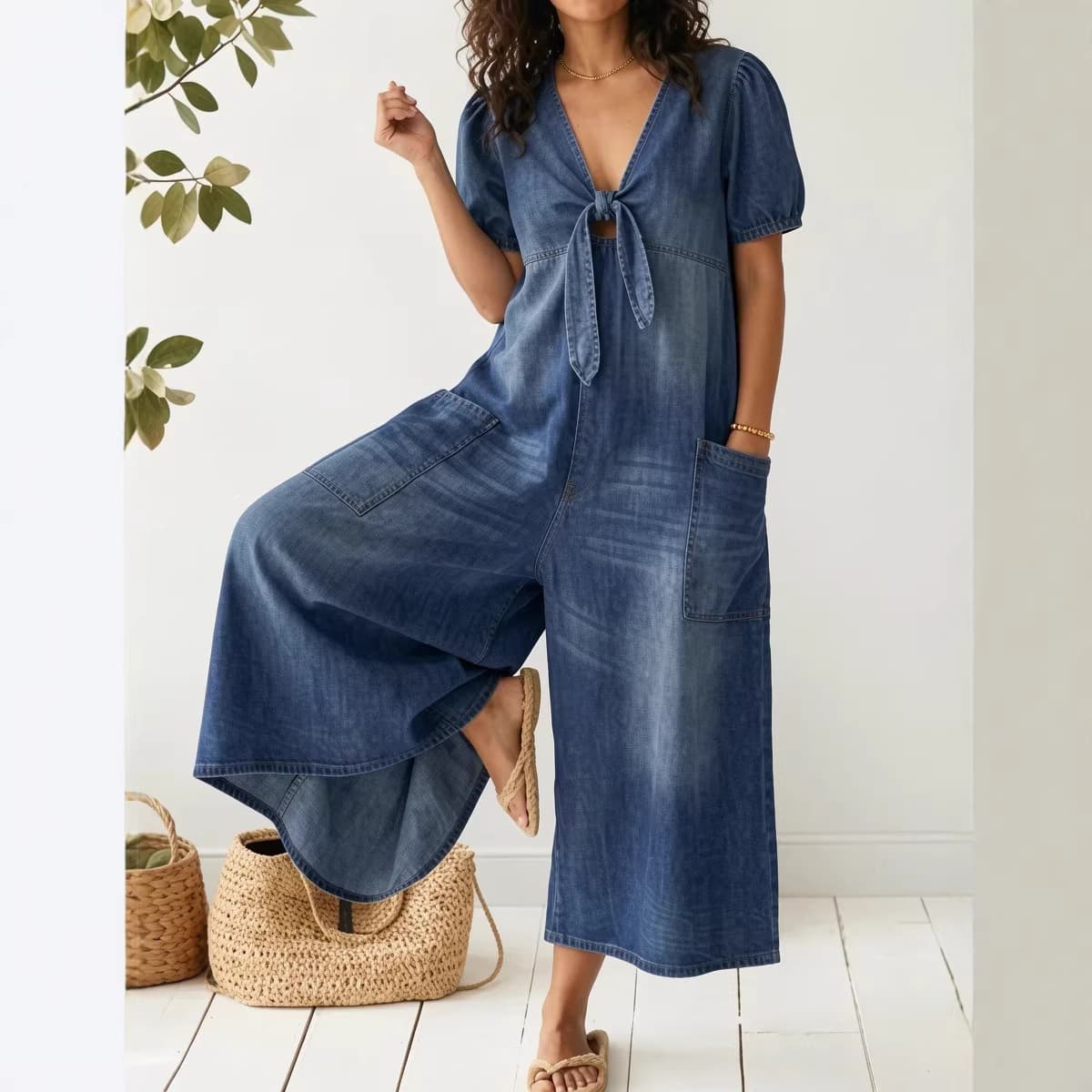 Factory Direct Supply for Amazon EU/US New Spring/Summer Women's Casual Loose Short Sleeve V-Neck Denim Jumpsuit