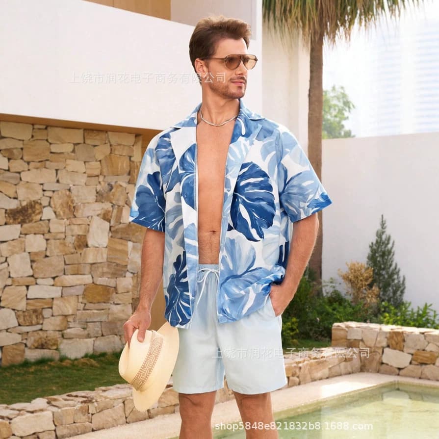 Cross-border summer blue and white 3D printed Cuban collar shirt shorts suit men's casual resort style printed two-piece set