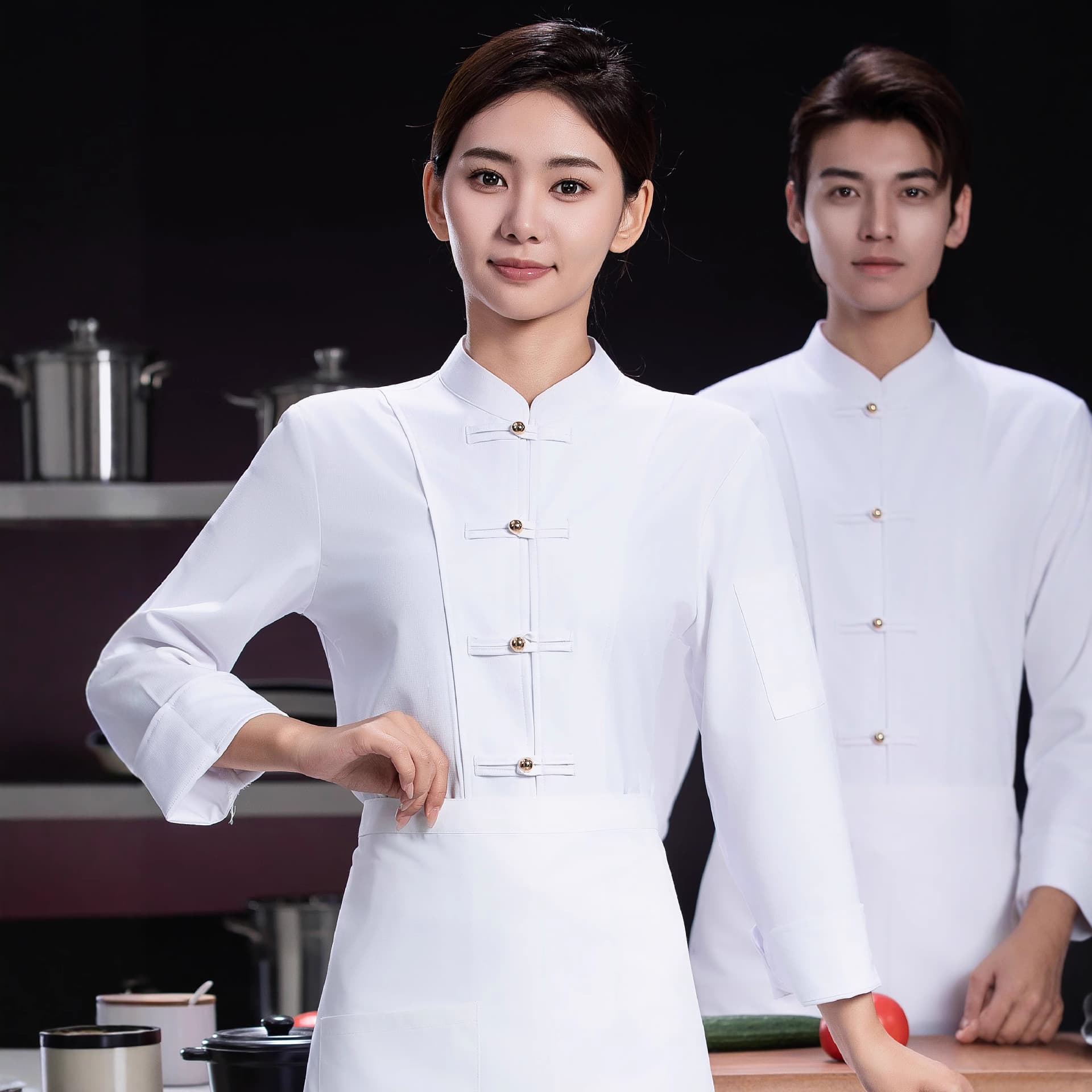 Chinese Restaurant Chef Workwear Long Sleeve Retro Chinese Style Disc Button Tea House Dining Hotpot Server Tang Suit Women