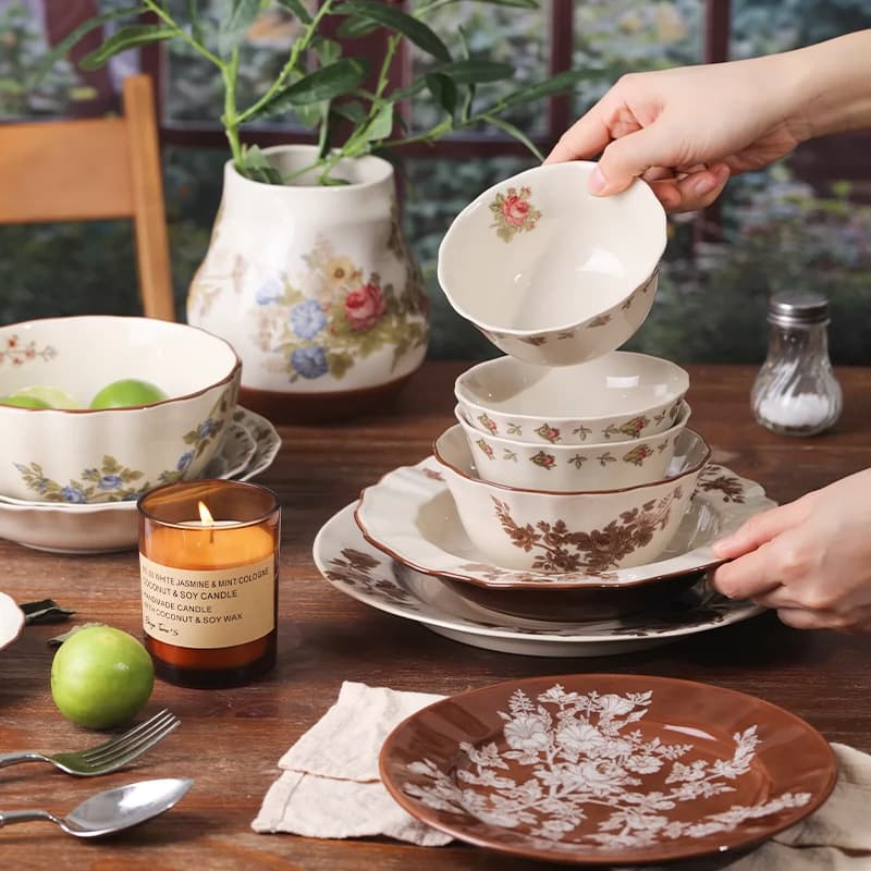 Shuojia French Retro In-Glaze Ceramic Bowl and Plate Set Household Bowls and Plates Housewarming Gift High-Appearance Bowl and Plate Set
