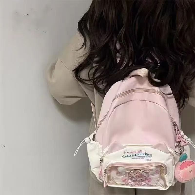 High-appearance transparent backpack for middle school students, cat-themed large-capacity backpack, cute student schoolbag for girls