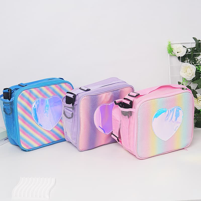 New rainbow glitter bento bag heart-shaped laser lunch bag minimalist single shoulder bag outdoor bag