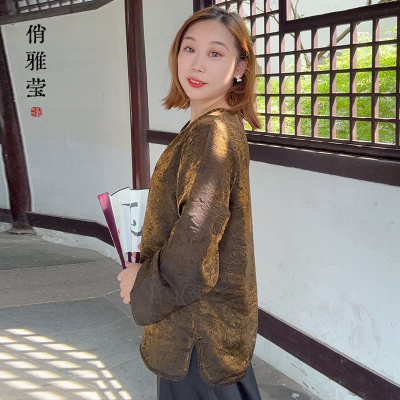 [Qingshanli - Liujinji] New Chinese Style Women's Wear Old Money Style Loose Top Autumn Round Neck Chinese Style Shirt