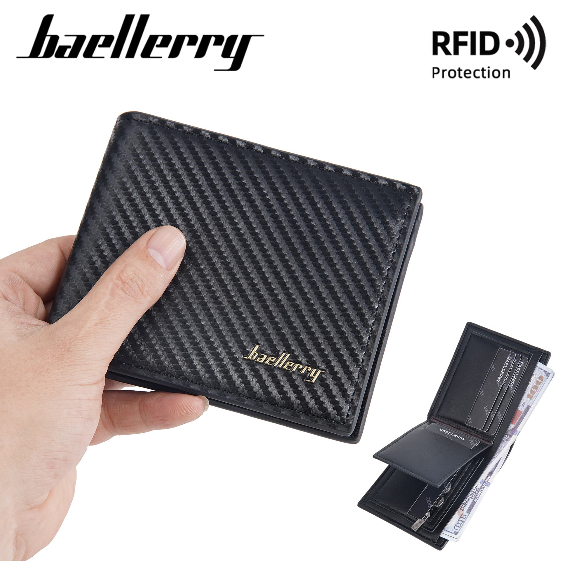 New PU Carbon Fiber Men's RFID Anti-Magnetic Short Wallet with Coin Zipper Pocket