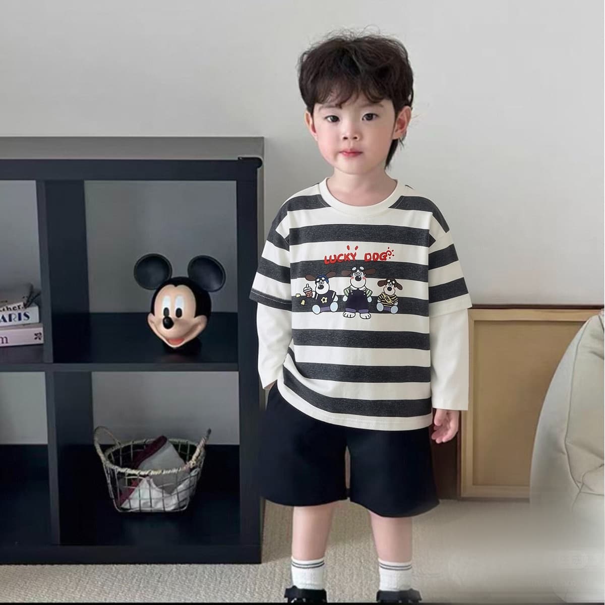 Children's Cotton Long Sleeve T-Shirt, Fake Two-Layer Design, Striped Long Sleeve T-Shirt for Boys and Girls, Letter Print