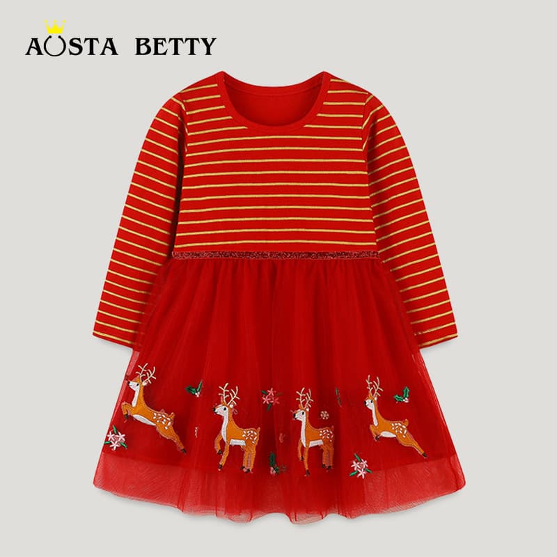 European and American Style Autumn New Girls' Dress Christmas Reindeer Mesh Children's Dress Round Neck Cute Princess Dress Mixed Batch