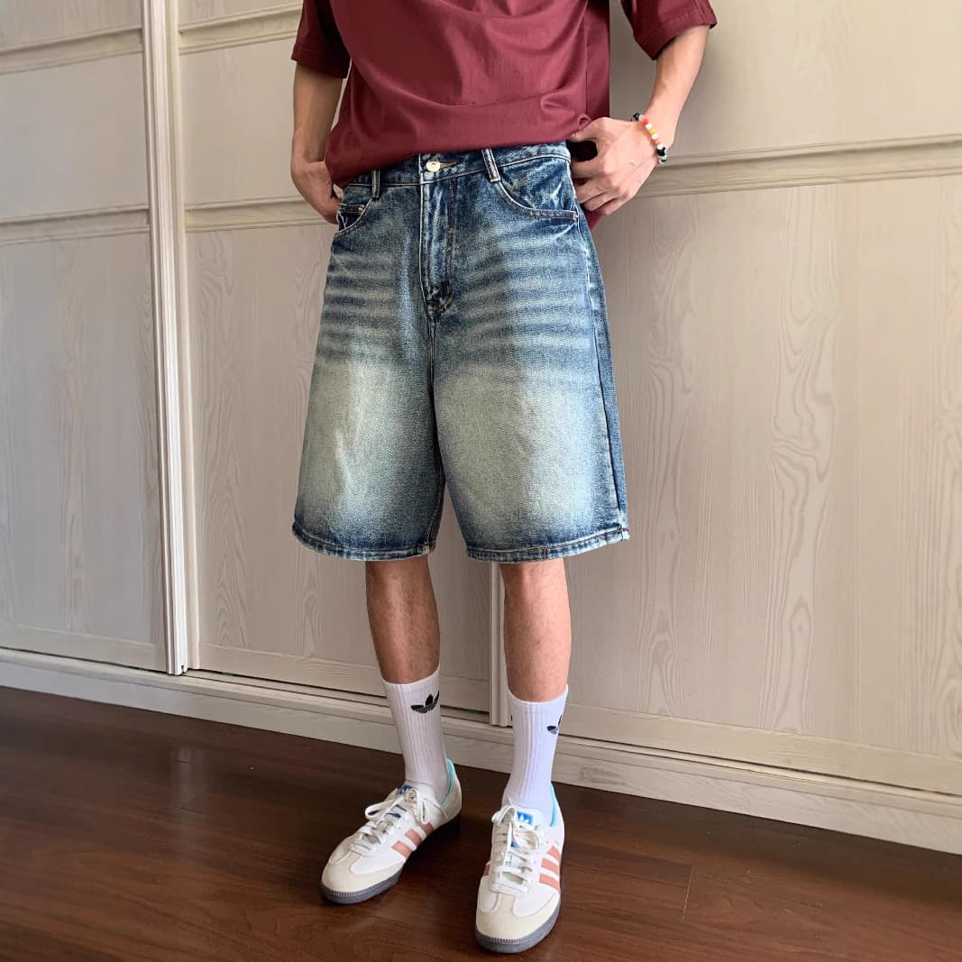 2025 American Retro High-Waist Jeans for Men and Women Summer Loose Wide-Leg Five-Point Straight Jeans