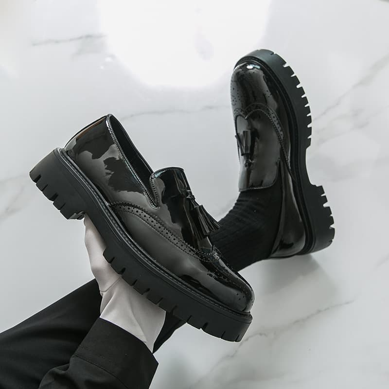 Formal Business Leather Shoes Thick-Sole Brogues Men's Height-Increasing Large Size Shoes Tassel Slip-On Loafers Men's
