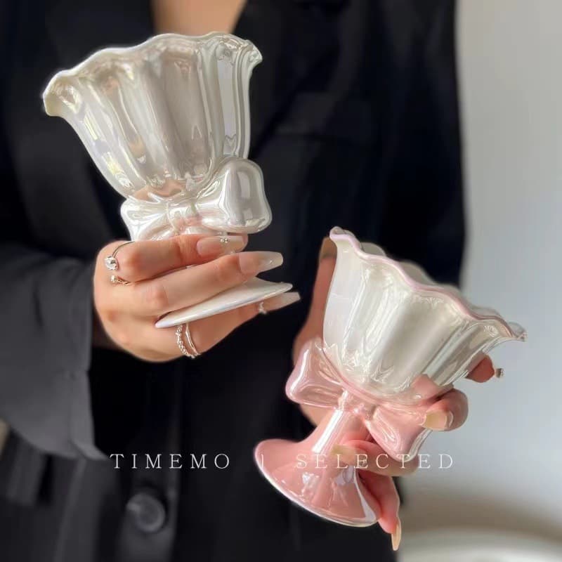High-Aesthetic Pearl Glaze Bow Ice Cream Ceramic Goblet Creative Design Home Drinking Cup for Women