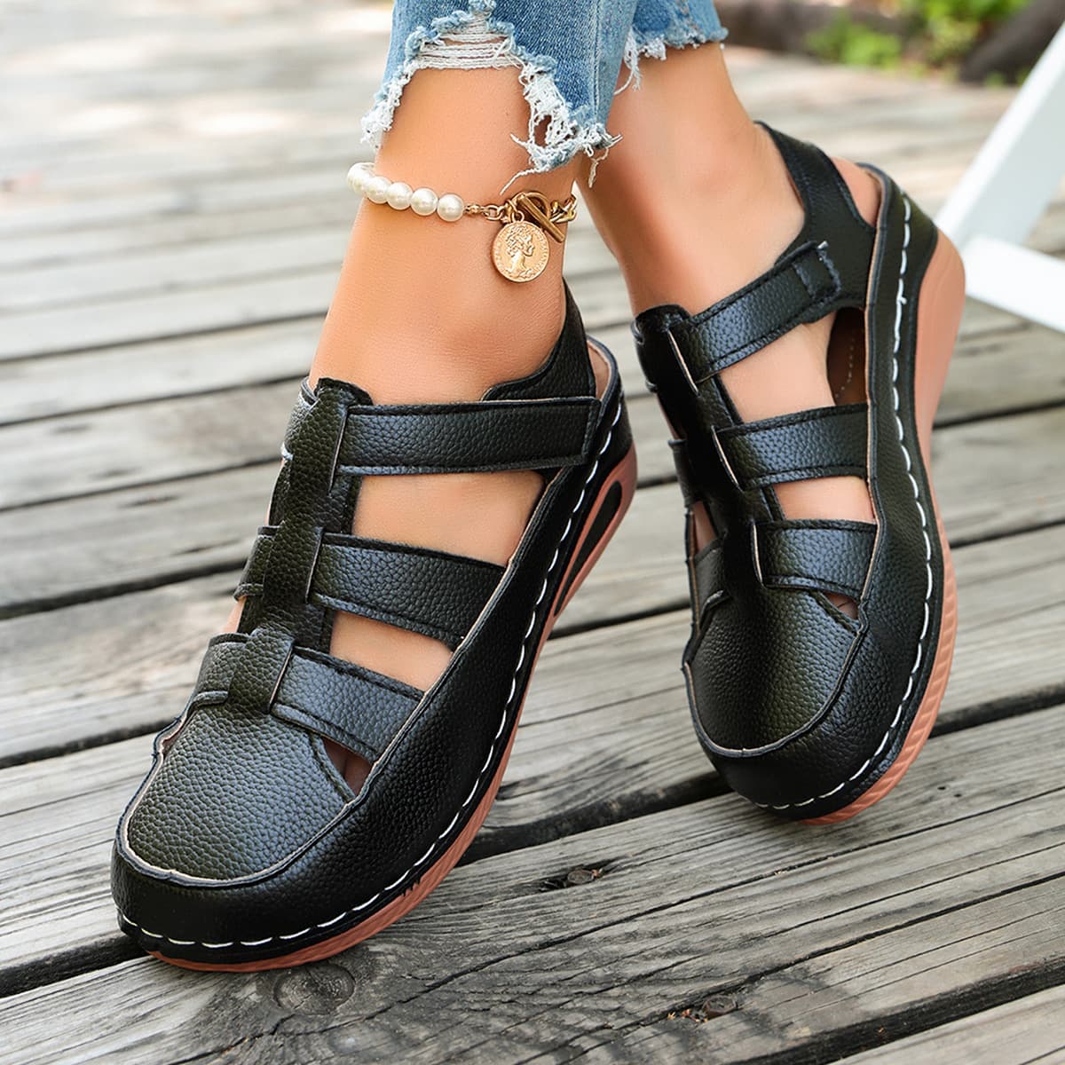 Cross-border New Large Size Wedge Sandals for Women, Enclosed Toe Hollow Breathable, Thick Platform Velcro Sandals