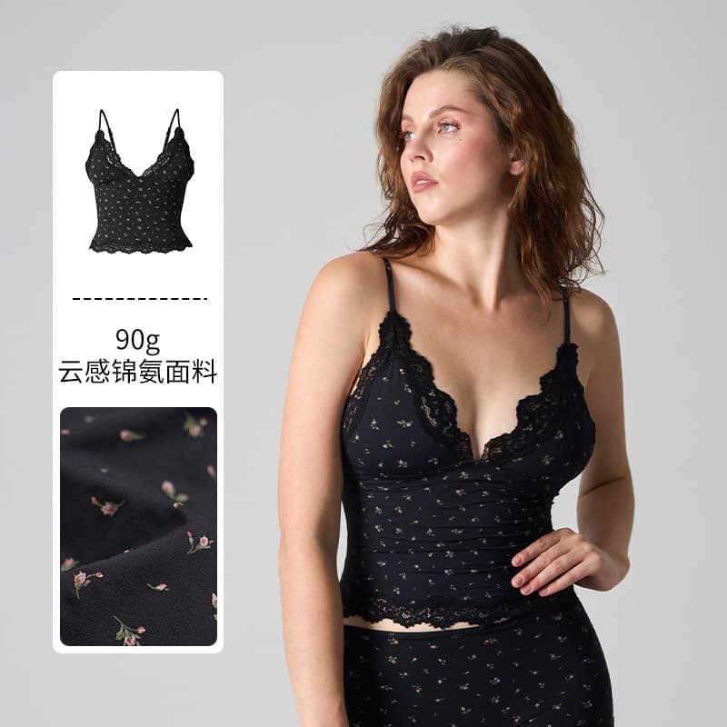 SKIMS Style PRINT TRIANGLE CAMI Black Lace Trim Floral V-Neck Sexy Camisole