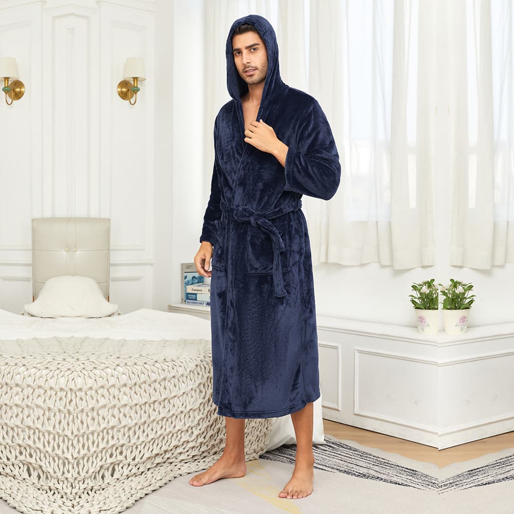 Cross-Border Hooded Solid Men's Robe, Autumn/Winter Couple Flannel Homewear, Plus Size Comfortable Sleepwear, Bathrobe