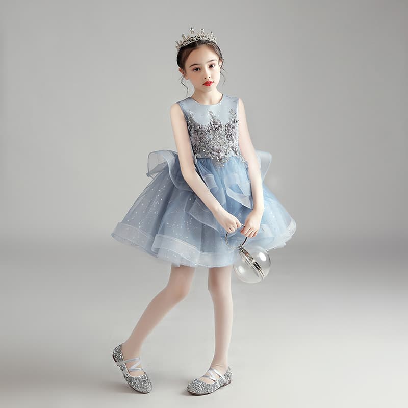 Girls Princess Dress Gown 2024 New Blue Short Wedding Piano Performance Birthday Children Evening Dress Summer