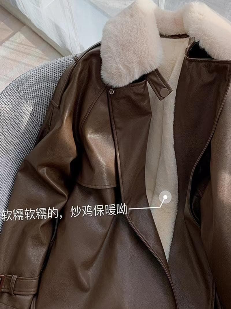 Women's Motorcycle Leather Jacket Autumn Winter Mid-Long Coat for Petite Figures Thick Faux Fur Lined Shearling