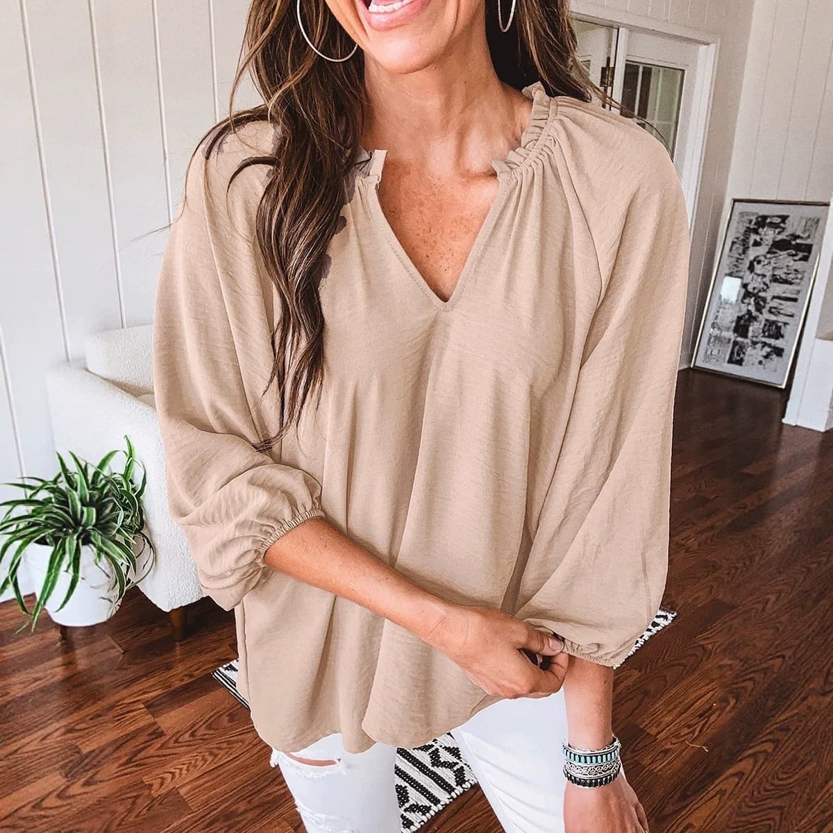 ebay hot sale autumn new solid color three-quarter sleeve tops for women European and American simple style pullover loose chiffon shirts for women