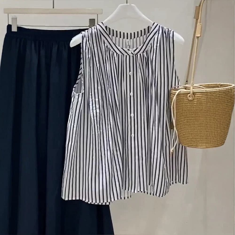 Vintage Artistic Black and White Vertical Striped Sleeveless Cotton Linen Shirt Vest for Women New Summer Vacation Style Top
