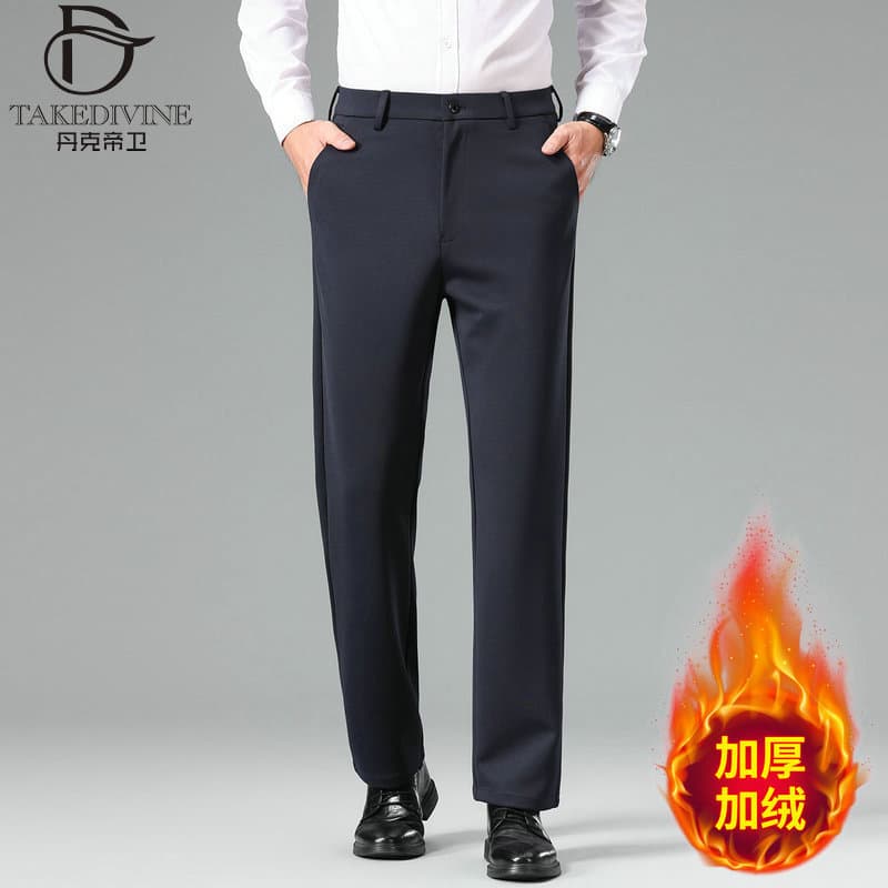 Middle-aged and Elderly Men's Winter Fleece-lined Warm Elastic Pants, Dad's Style Thickened Casual Straight-leg Pants