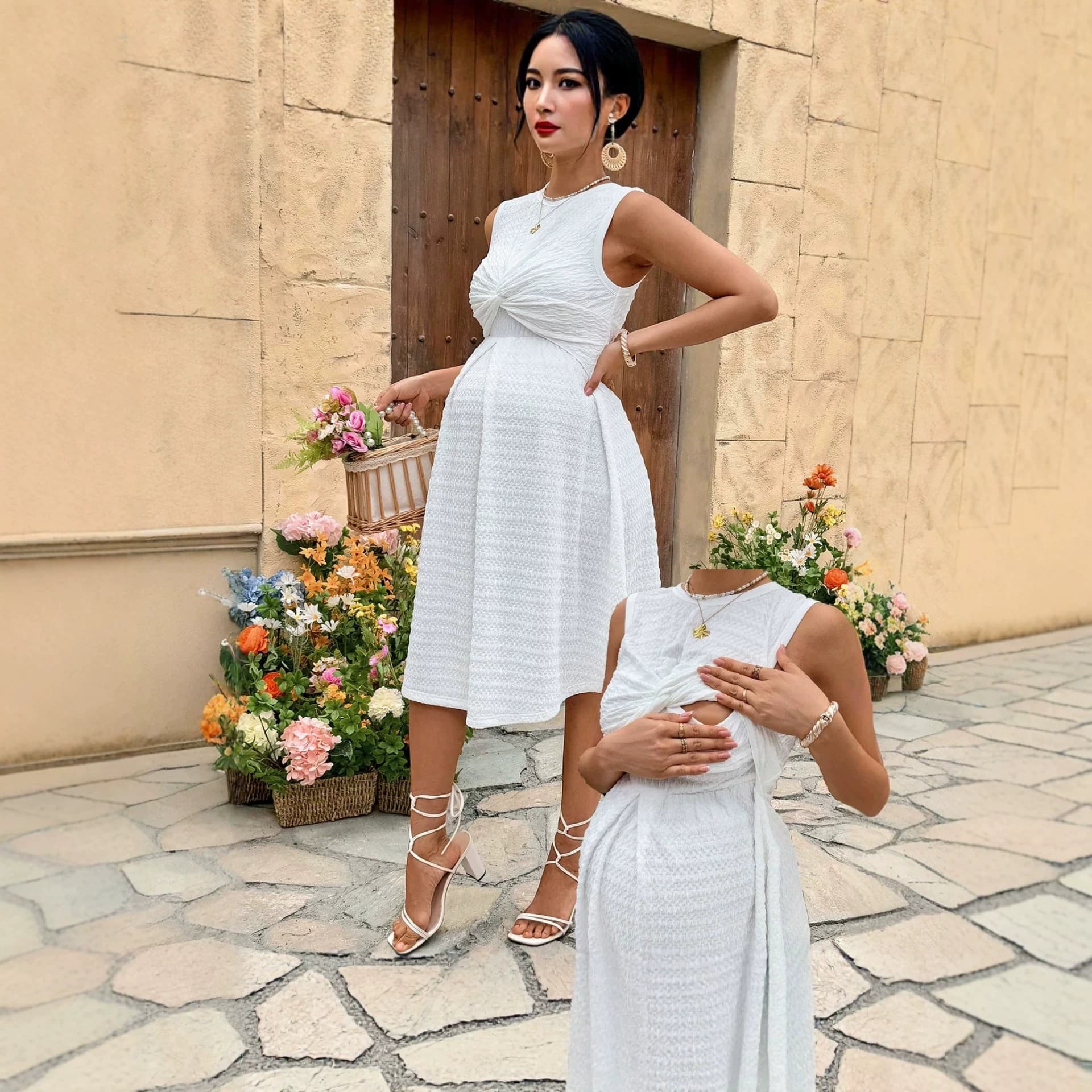 Cross-Border Maternity Wear Standalone Site Bestseller Sleeveless Midi Dress, Elegant Maternity Dress, Nursing-Friendly