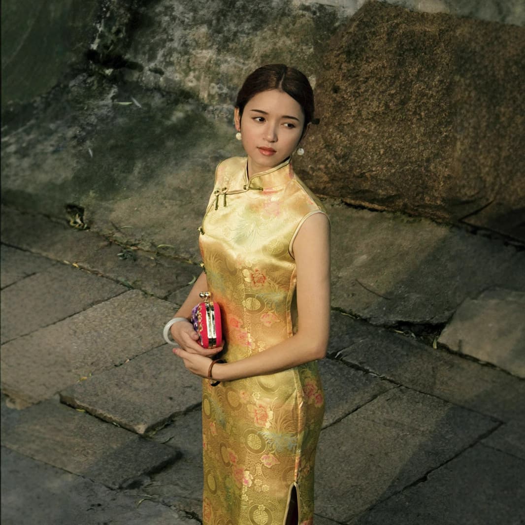 Chrysanthemum Pattern Sleeveless Long Qipao, Chinese Brocade Satin Jacquard Retro Tang Suit Dress, Ethnic Style Long Chinese Style Dress