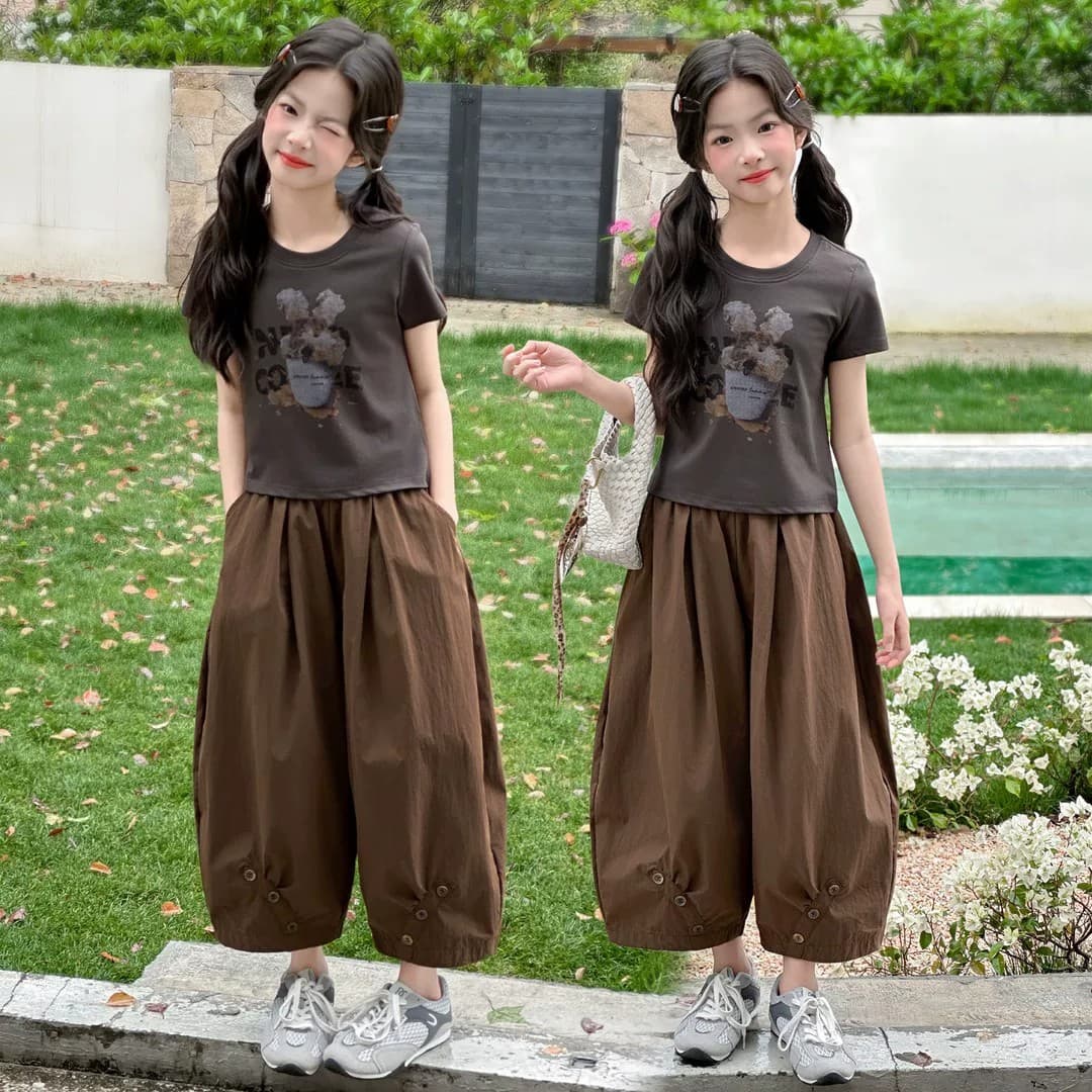Girls Korean casual summer two-piece summer new style short-sleeved wide-leg pants suit for middle-aged, older and little girls