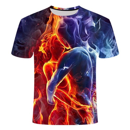 Amazon Colorful Flame Men and Women Hugging and Kissing 3D Printed T-shirt Ice and Fire Man Short Sleeve Summer Half Sleeve Personalized Clothes