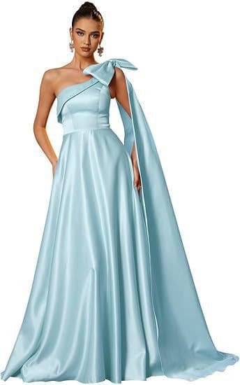 Amazon Evening Dress One-Shoulder Satin Prom Gown Long Strapless Formal Party Dress Elegant Bow