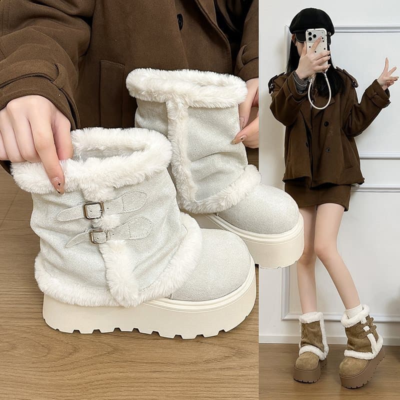 New Thick-soled Versatile 2025 Thickened Plush Fashionable Cotton Boots Snow Boots for Women Winter Plush Warmth Korean White