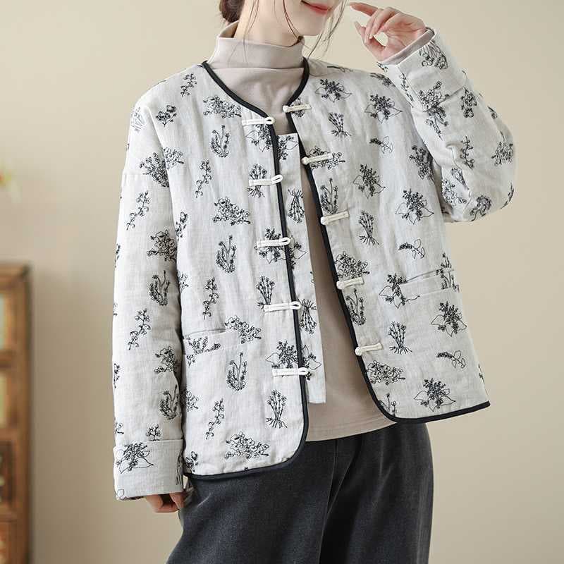 2025 New Linen Cotton Padded Thickened Autumn/Winter Coat Round Neck Little Fragrance Style New Chinese Women's Cotton Jacket Winter