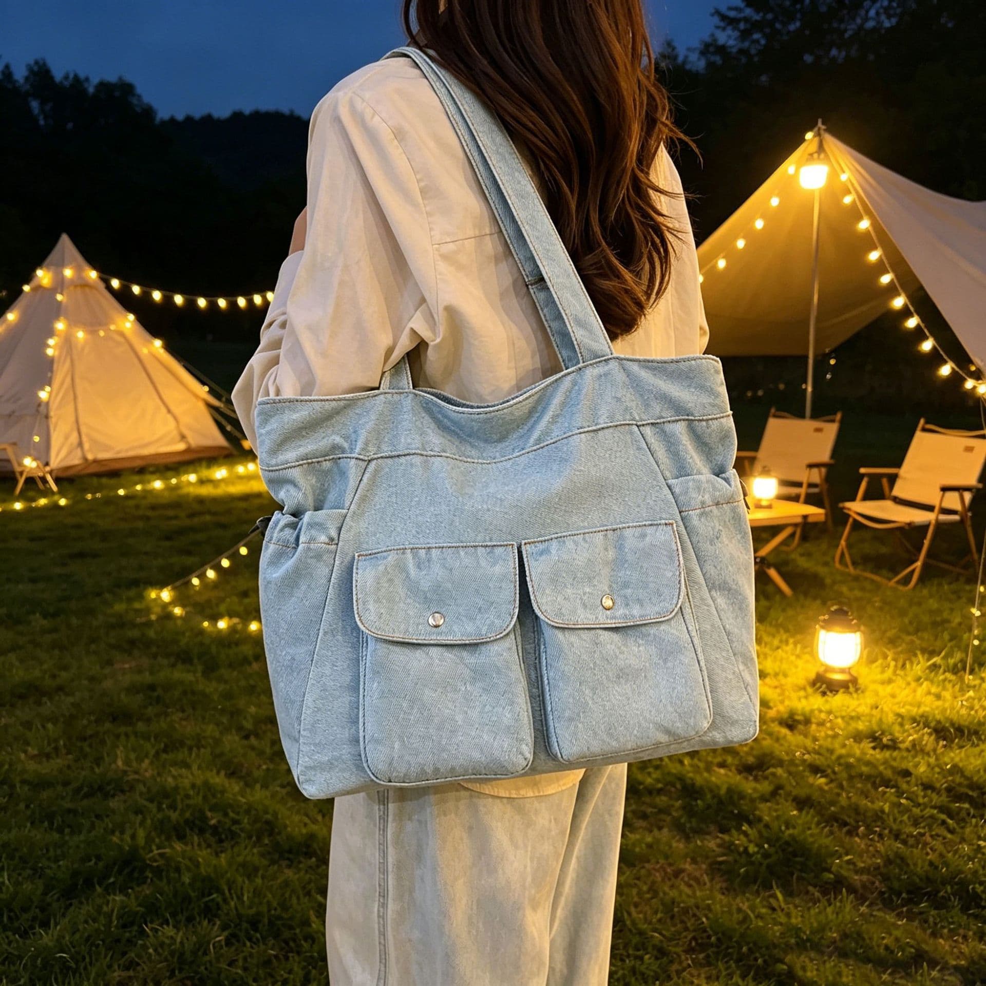 Korean style lazy style washed denim tote bag literary style female college student commuting shopping shopping shoulder bag