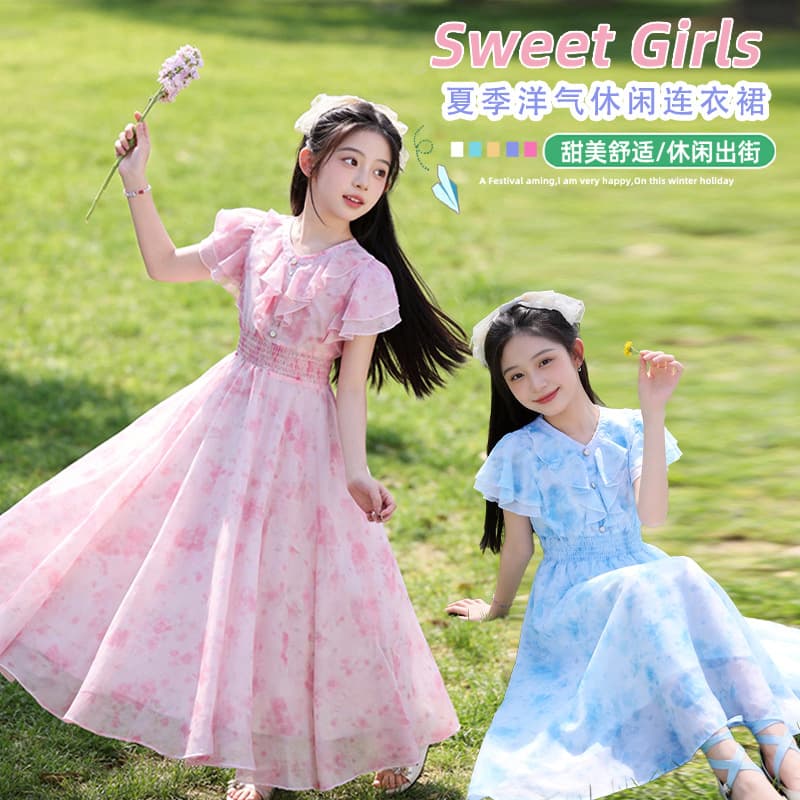 Girls Summer Dress 2026 New Style Children's Floral Princess Dress for Big Kids Fashionable