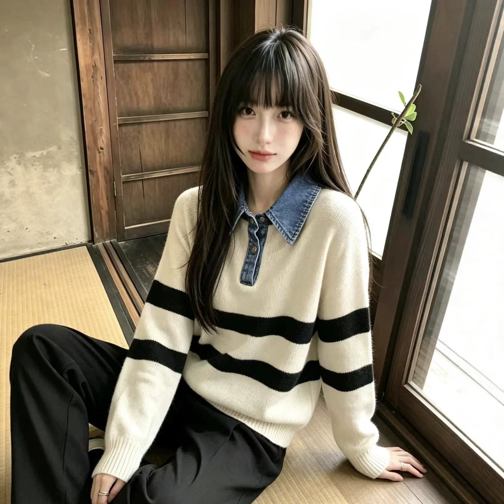 Color-Block Polo Neck Long-Sleeve Knit Top for Women Autumn Design Sense Loose Slimming Short Top
