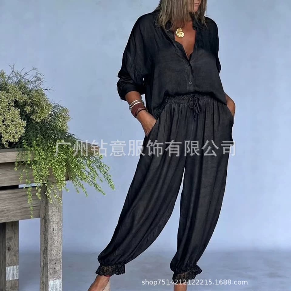 New Cross-Border Fashion Women's Trending Turn-down Collar Cardigan Shirt Top with Drawstring Jogger Pants Two-Piece Set