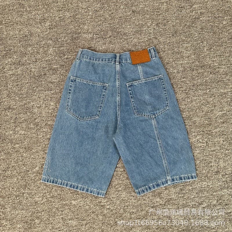 High Version Mertra Street Embroidered Letter Washed Distressed Denim Jeans American Casual Unisex Straight Leg Bermuda Shorts