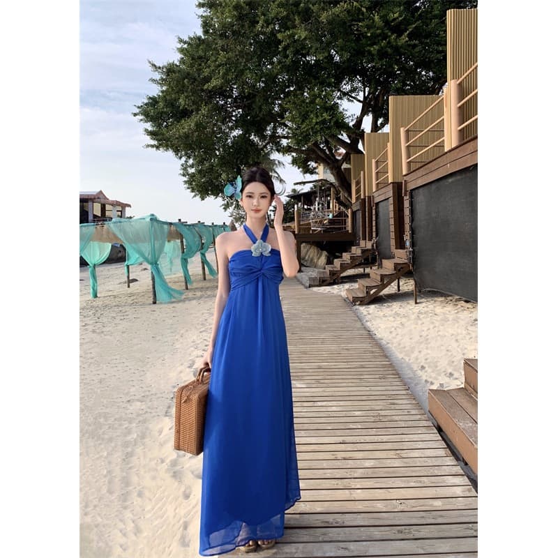 Imitation Crepe Halter Klein Blue Beach Vacation Style Gown Long Dress for Women, Beach Dress Blue