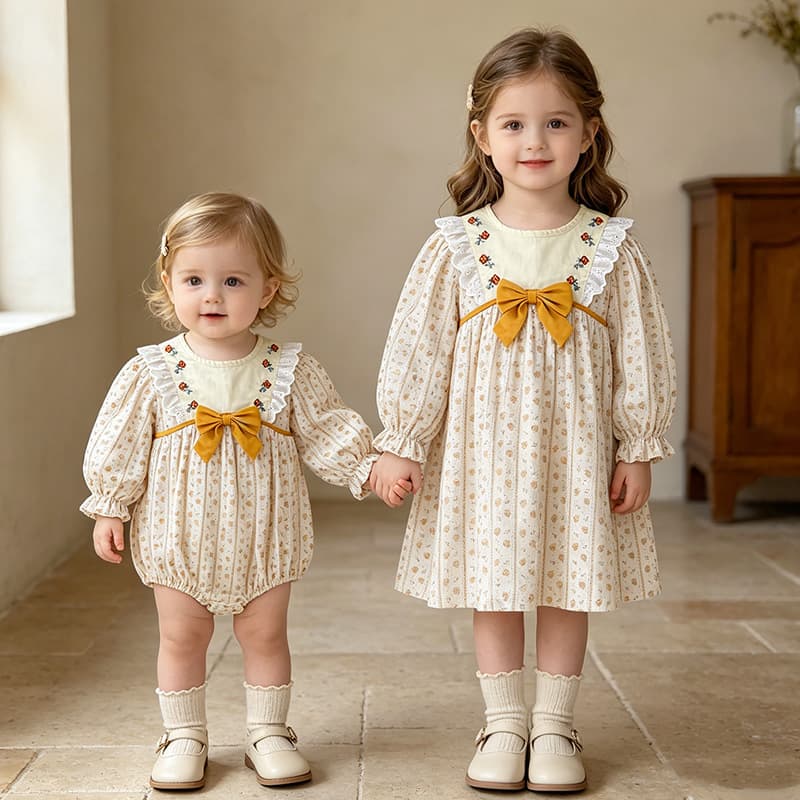 Girls Dress Spring and Autumn Bow Floral Girls Dress Baby Romper Jumpsuit Children's Sister Dress