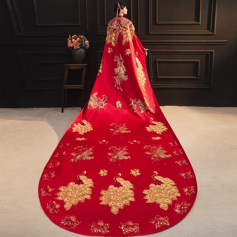 Xiuhe Dress Cape 8160 New Style Bride Wedding Chinese Ceremony Long Train Phoenix Crown and Xiapei Large Cape Long Cloak
