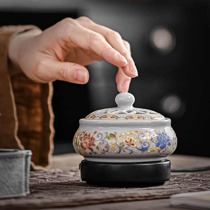 Digital Display Electronic Aroma Furnace Household Timing Temperature Constant Temperature Incense Furnace Plug-in Enamel Color Wrapping Lotus Branches and Aquilarine Electric Smoked