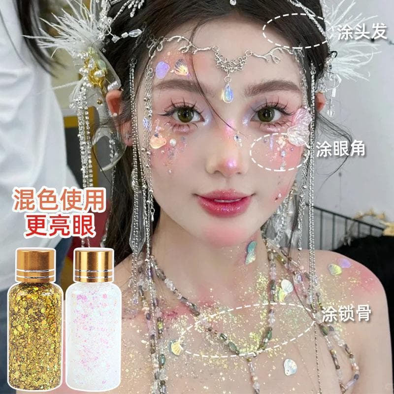 Stage Makeup Sparkling Liquid Glitter, High-Shine Performance Glitter for Hair and Face, No-Glue Gel Glitter Eyeshadow Cosmetic