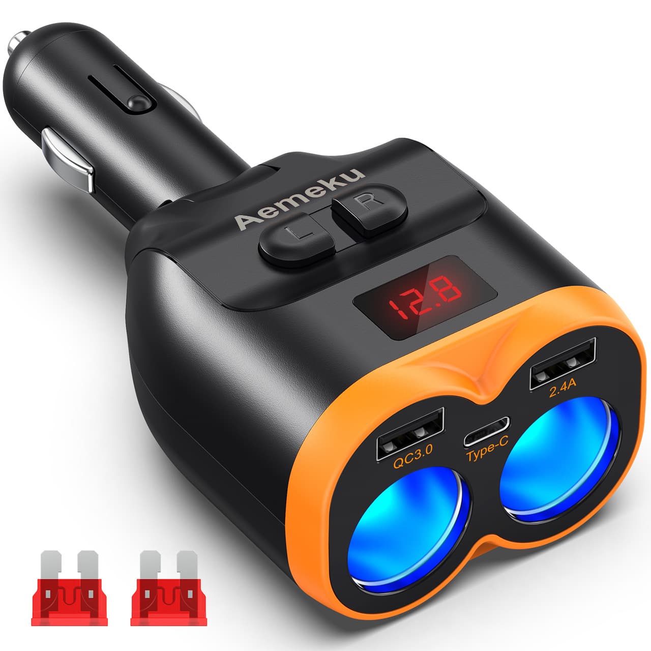 Factory Hot-sale Aemeku One-to-Five Output Car Charger Digital Display PD30W Super Fast Charge QC3 One-to-Two Cigarette Lighter