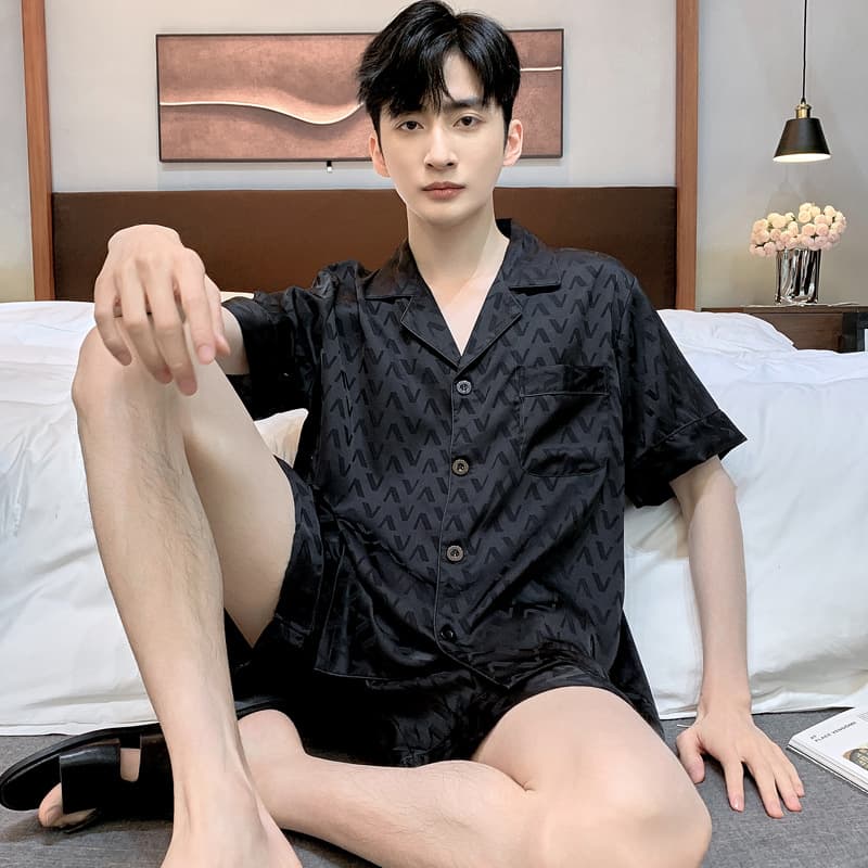 Luxury Ice Silk Men's Summer Pajamas Short Sleeve Embroidered Design Cool Comfortable Breathable Home Wear Casual Sleepwear