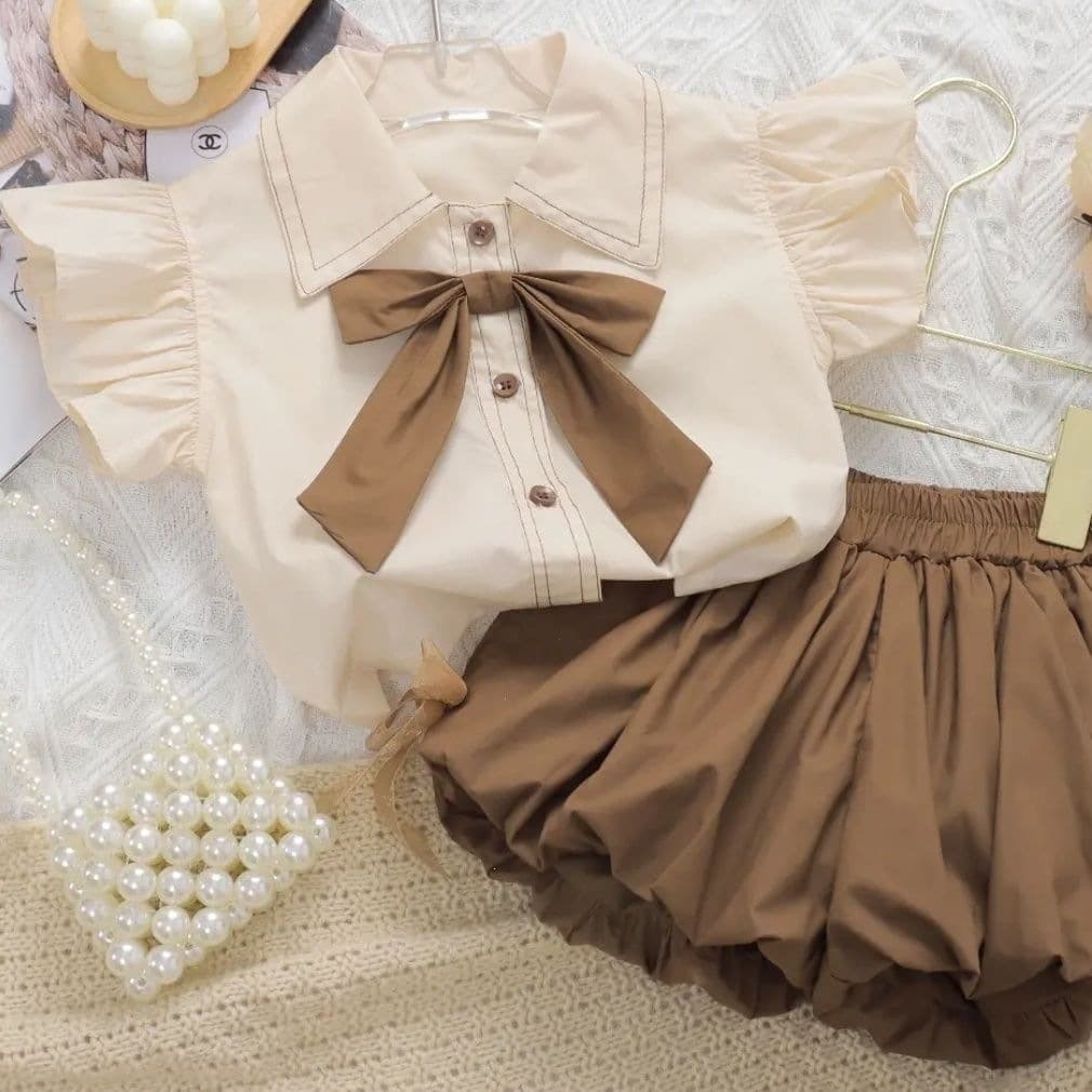 Girls' Trendy Set 2026 Summer New School Style Small Flutter Sleeve Shirt and Bloomer Pants Fashionable Two-Piece Outfit