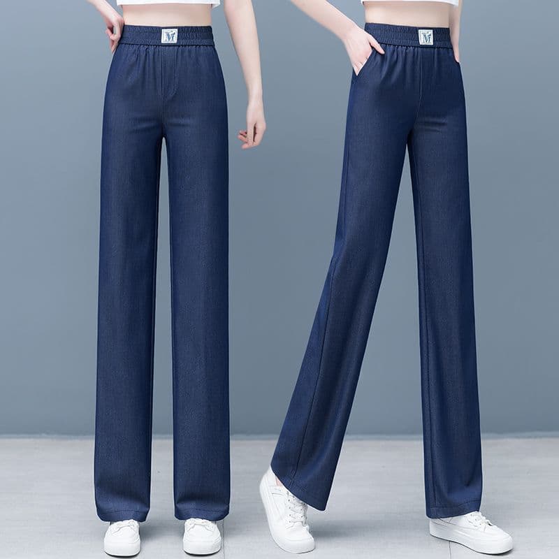 Summer new style mom middle-aged high-waist fashion tencel denim straight pants for women slimming large size casual wide leg pants trendy