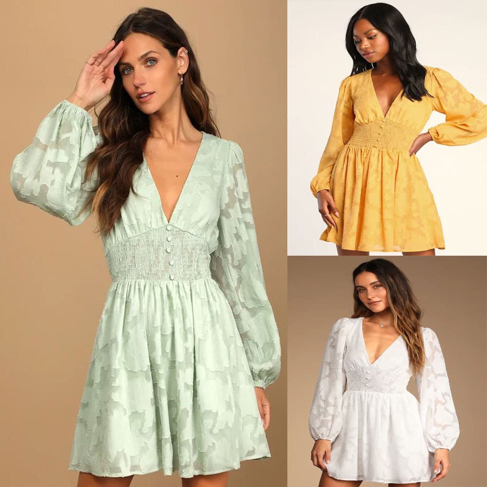 Independent website European and American clothing Amazon 2026 new long-sleeved casual V-neck chiffon hollow jacquard A-line dress