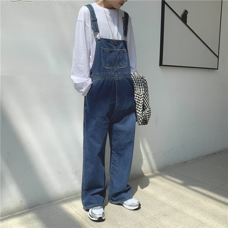 Japanese Retro Denim Suspenders Pants for Men, Korean Fashion Brand Trendy Ins European and American Street Loose Straight Suspenders Pants