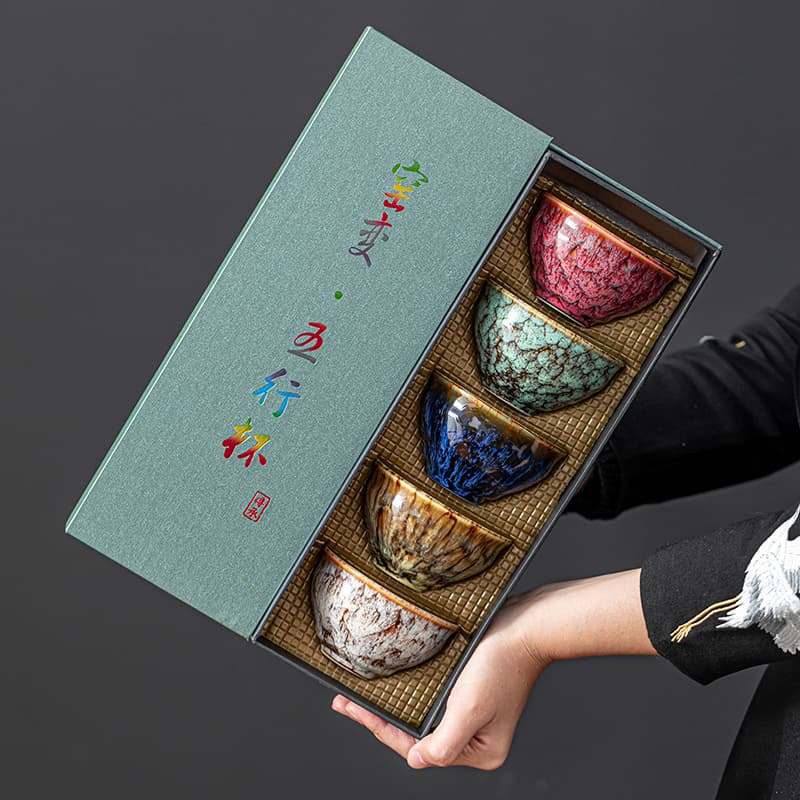 Kiln-Fired Tea Cup Five Elements Cup with Gift Box Cup Set Souvenir Tea Set Complete Small Gift Set Tea Cup Ceramic