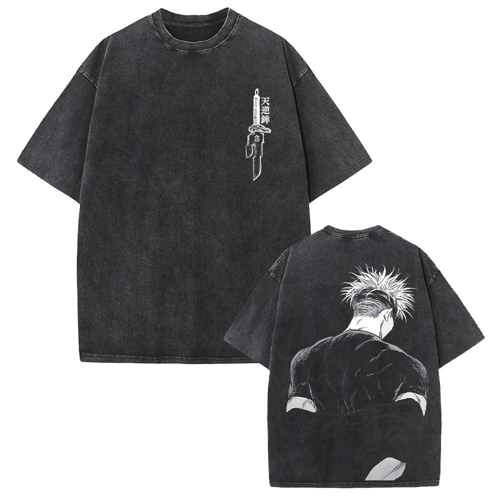 Cross-Border Jujutsu Kaisen Themed Graphic Print T-Shirt, Summer Cotton Washed Vintage Distressed Short-Sleeve Top for Couples